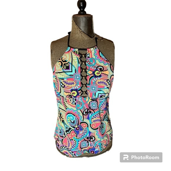 Gibson Latimer Swim Paisley Halter Swimsuit Set, Size XL, Gold detailing‎ - Picture 1 of 10